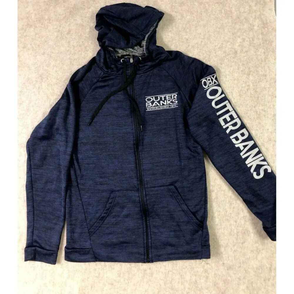 OBX Outer Banks Zip Up‎ Hoodie Dark Blue Heathered Pocket Logo Surf Med